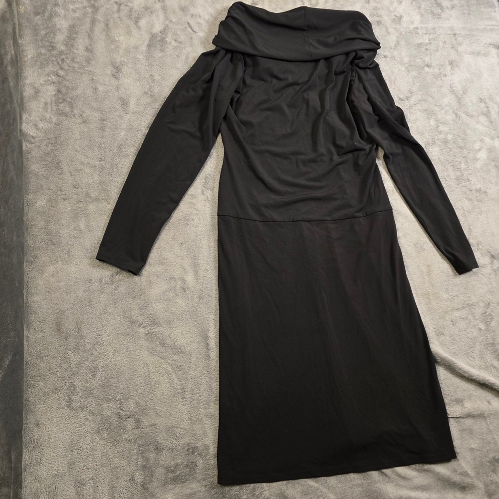 Chic Black Cowl Neck Midi Dress Small Ruched Draped Bodycon Cocktail Party Gala - Picture 11 of 16